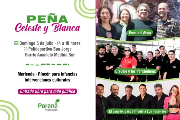La Peña Celeste y Blanca reunirá música en vivo y propuestas para compartir en Anacleto Medina Sur de Paraná - imagen de origen